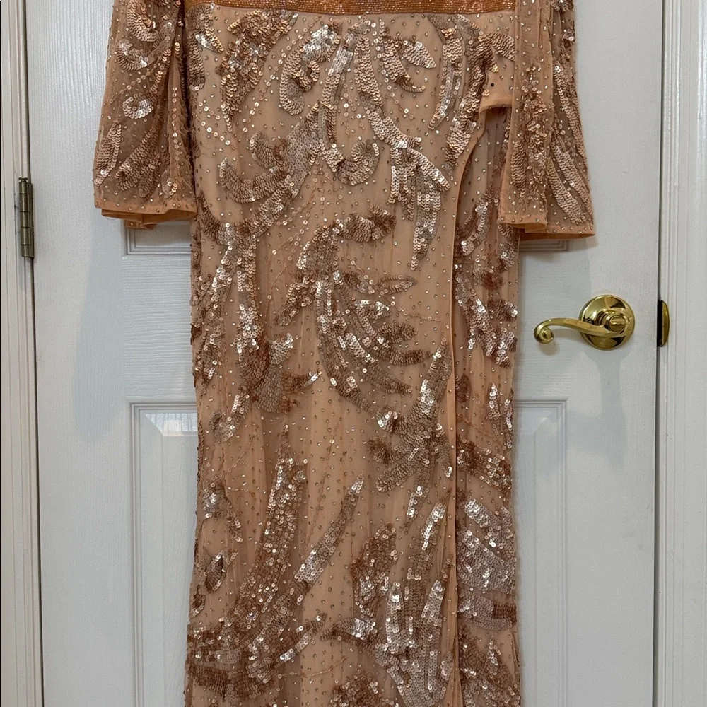 Mac Duggal 5222 Pink Sequined Faux Wrap Split Long Sleeve Gown Size 10 NWOT - Picture 7 of 10